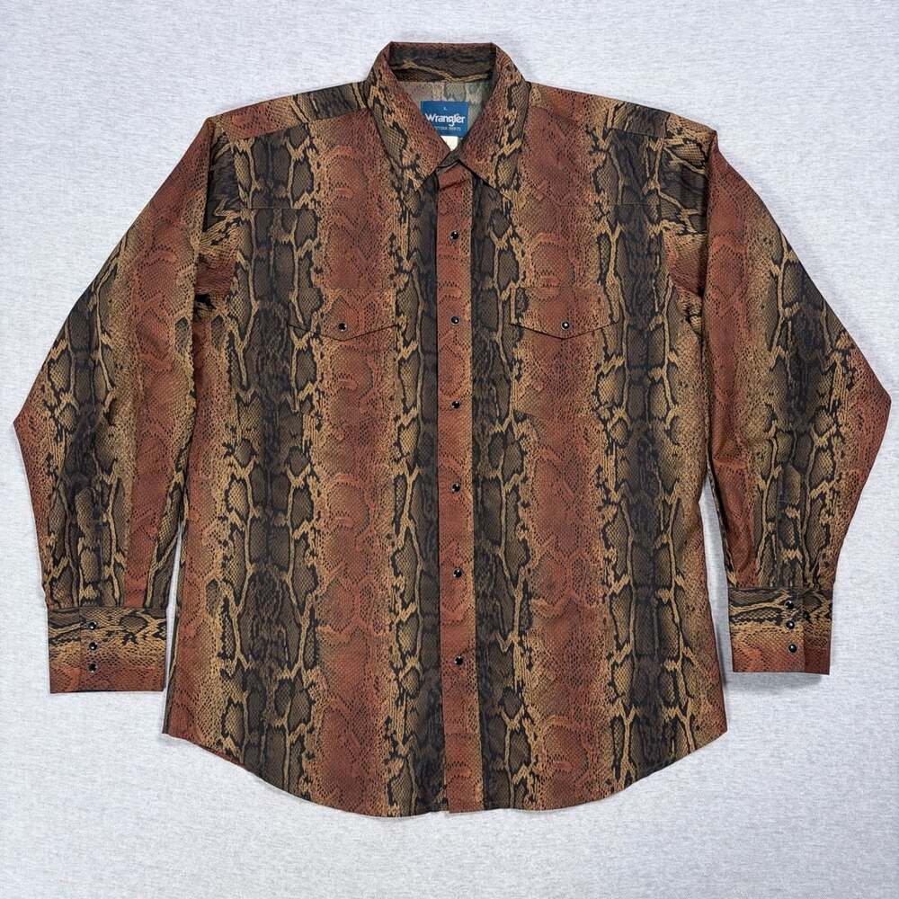 Wrangler Western Shirt Size L Snakeskin Print Brown Long Sleeve Button Up